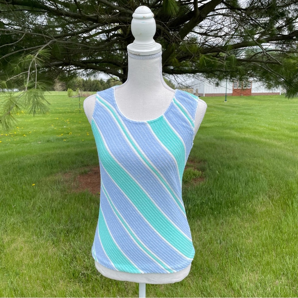 Vintage Blue Aqua White Striped Terry Cloth Tank Top